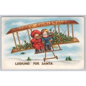 Vintage Christmas Airplane Children Looking for Santa 1915 Aviation Antique
